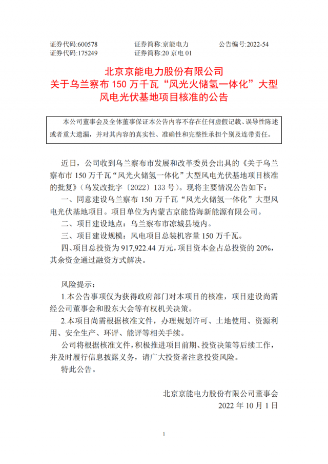京能電力150萬(wàn)千瓦“風(fēng)光火儲(chǔ)氫”基地獲批！